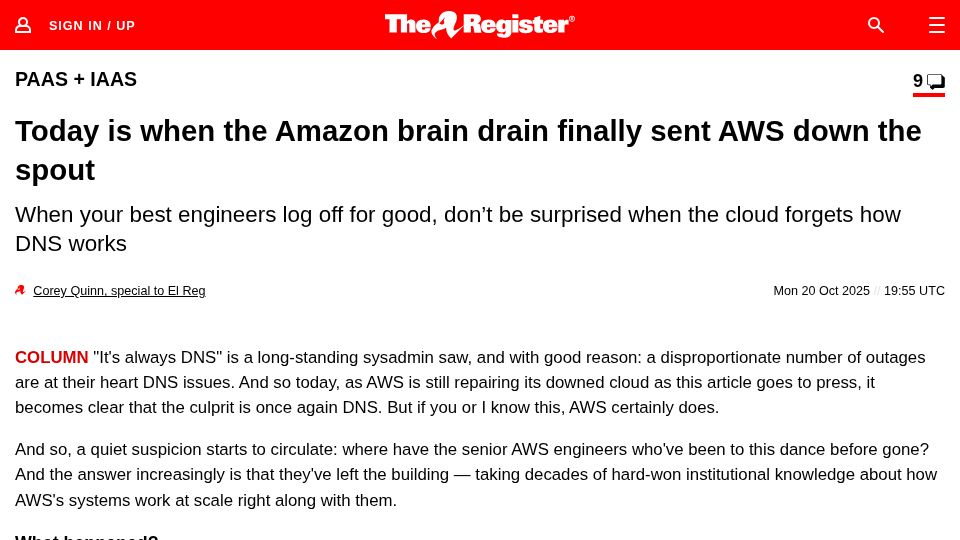 Screenshot of theregister.com: Today is when the Amazon brain drain sent AWS down the spout