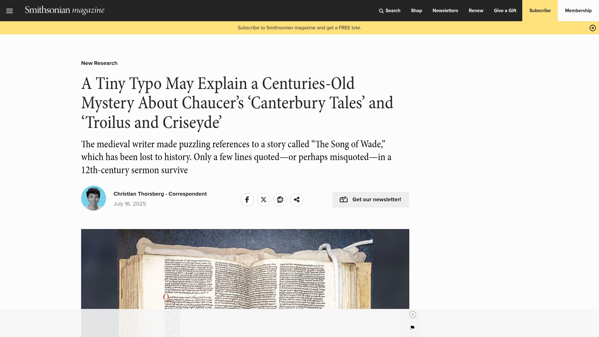 Screenshot of smithsonianmag.com: A Tiny Typo May Explain Centuries-Old Mystery Bout Chaucer's 'Canterbury Tales'