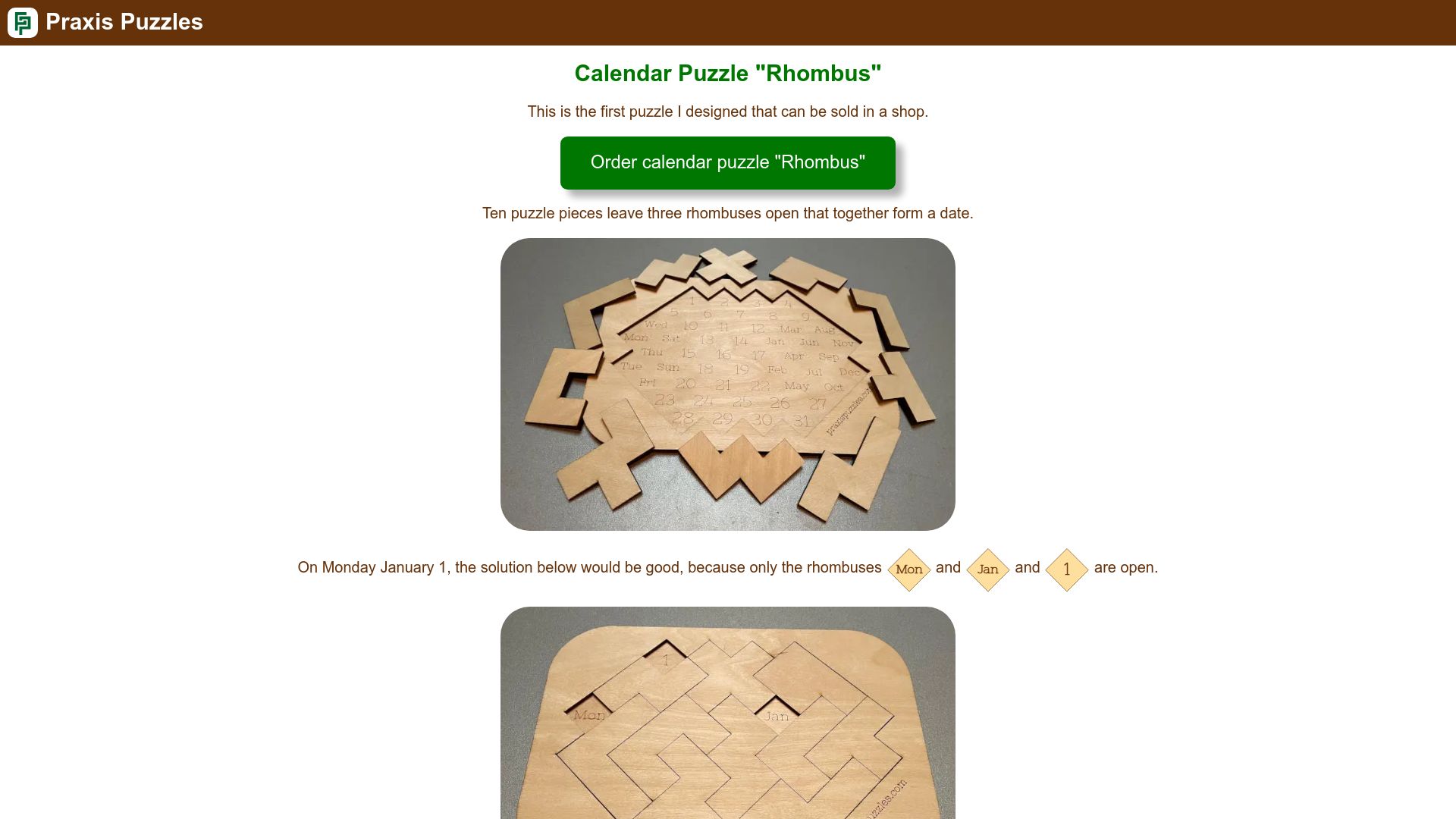 Screenshot of praxispuzzles.com: Calendar Puzzle "Rhombus"