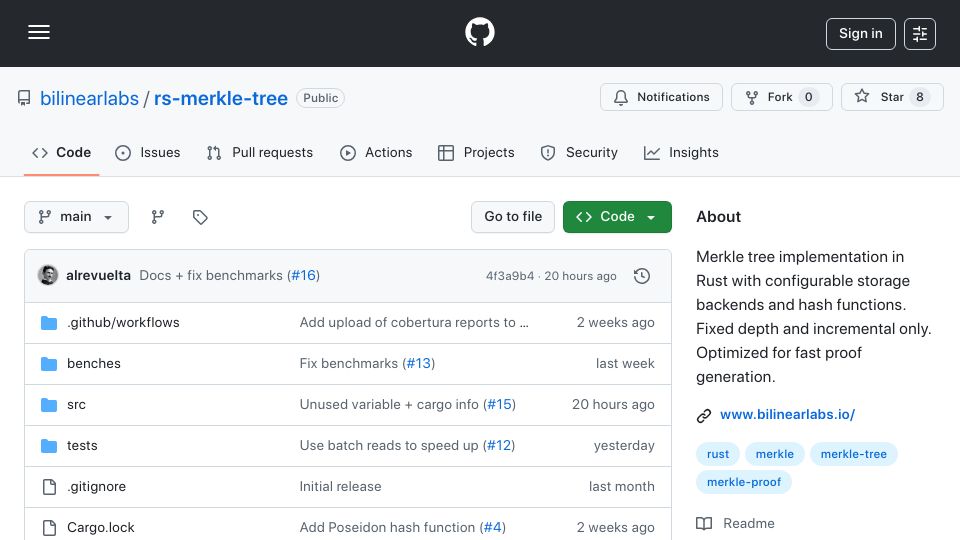 Screenshot of github.com: Our modular, high-performance Merkle Tree library for Rust