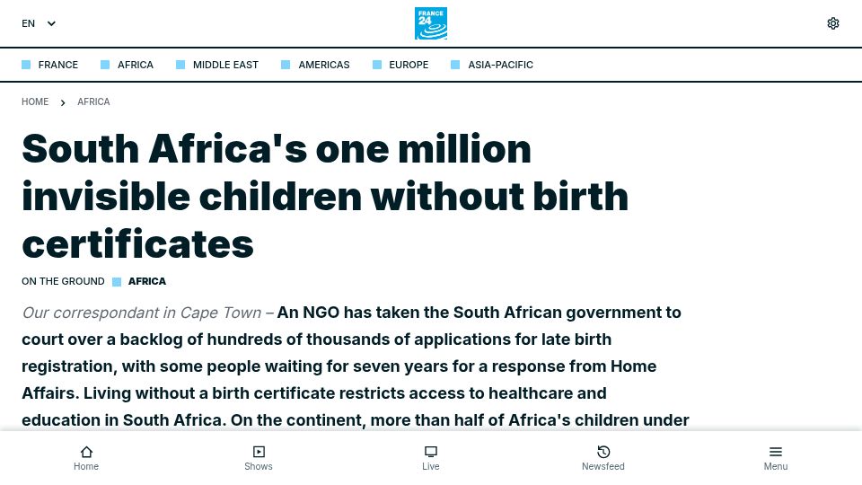 Screenshot of france24.com: South Africa's one million invisible children without birth certificates