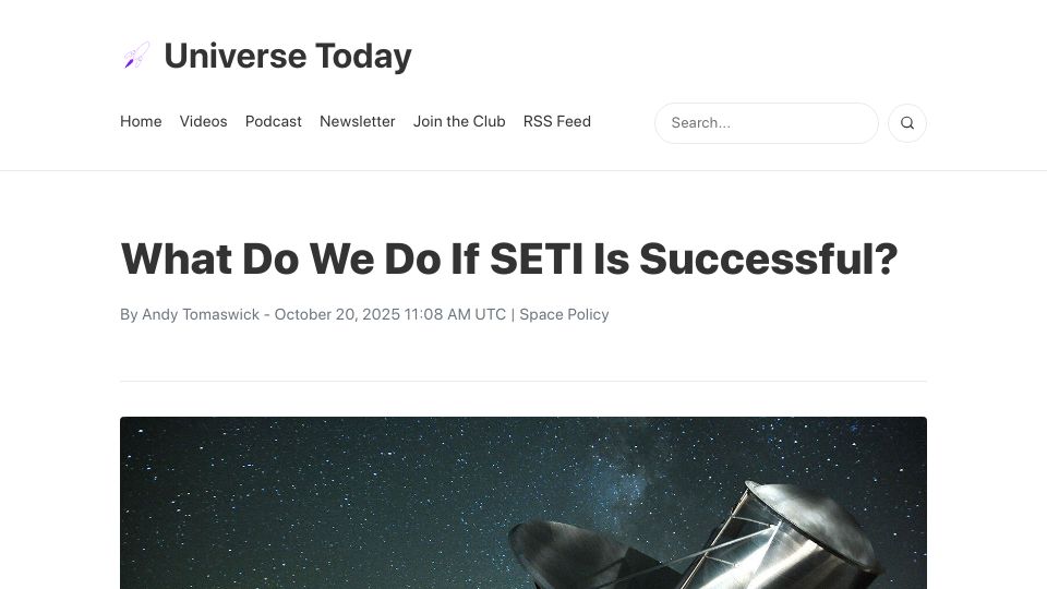 Screenshot of universetoday.com: What do we do if SETI is successful?