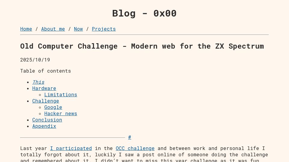 Screenshot of 0x00.cl: Old Computer Challenge – Modern Web for the ZX Spectrum