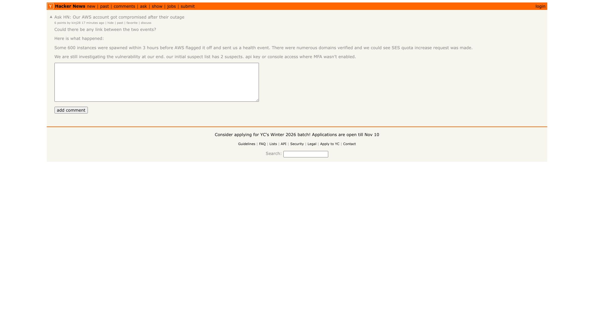 Screenshot of this Hacker News post: Ask HN: Our AWS account got compromised after their outage