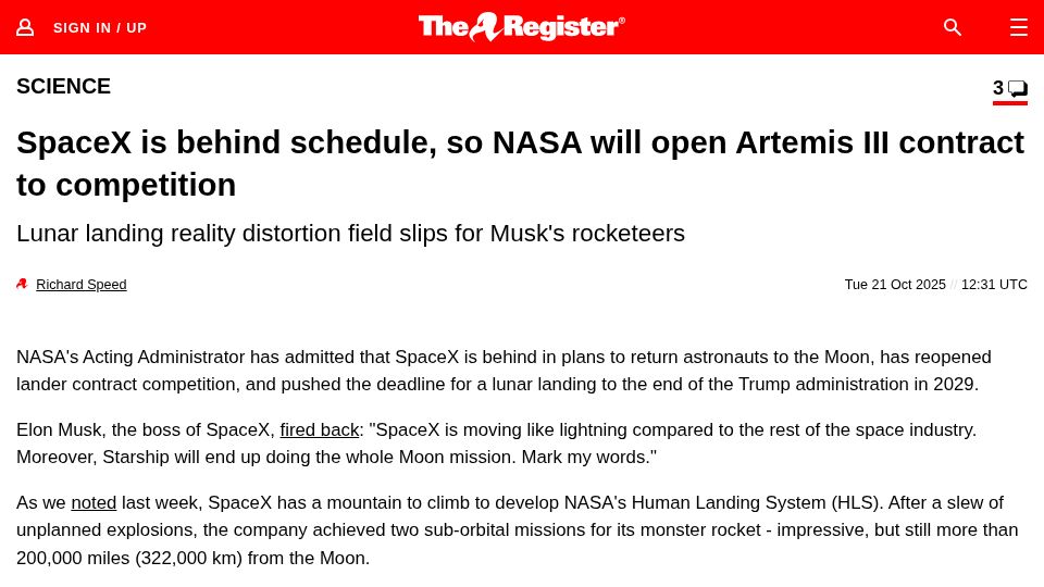 Screenshot of theregister.com: SpaceX is behind schedule, so NASA will open Artemis III contract to competition