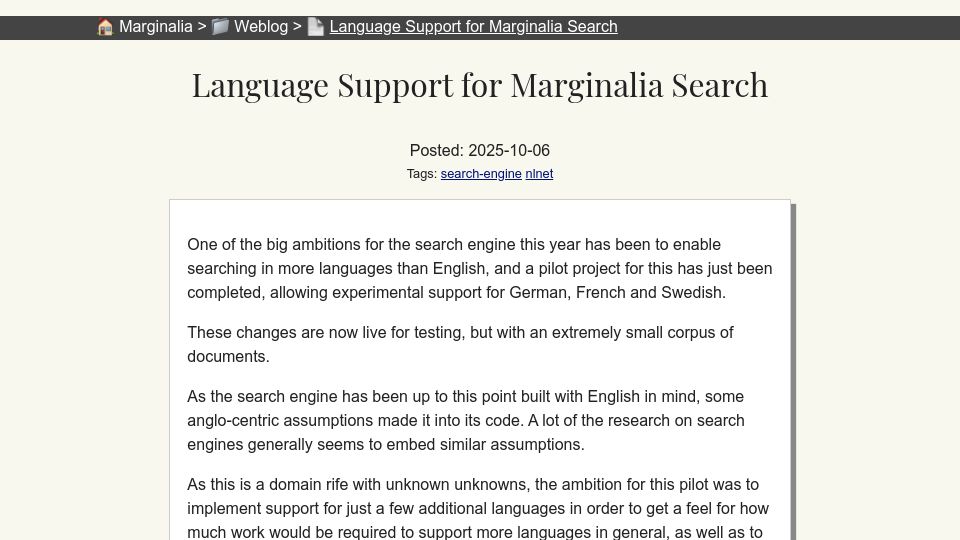 Screenshot of marginalia.nu: Language Support for Marginalia Search