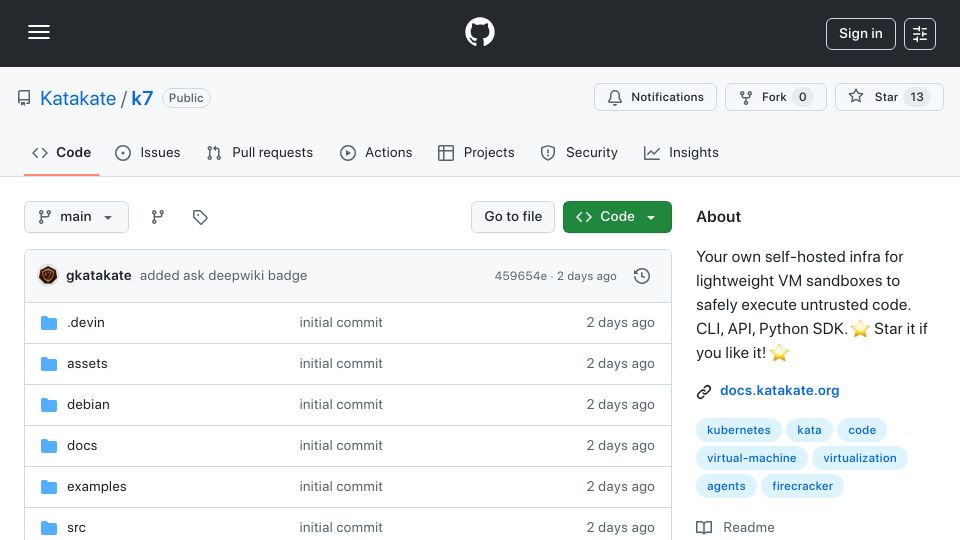 Screenshot of github.com: Show HN: Katakate – Dozens of VMs per node for safe code exec