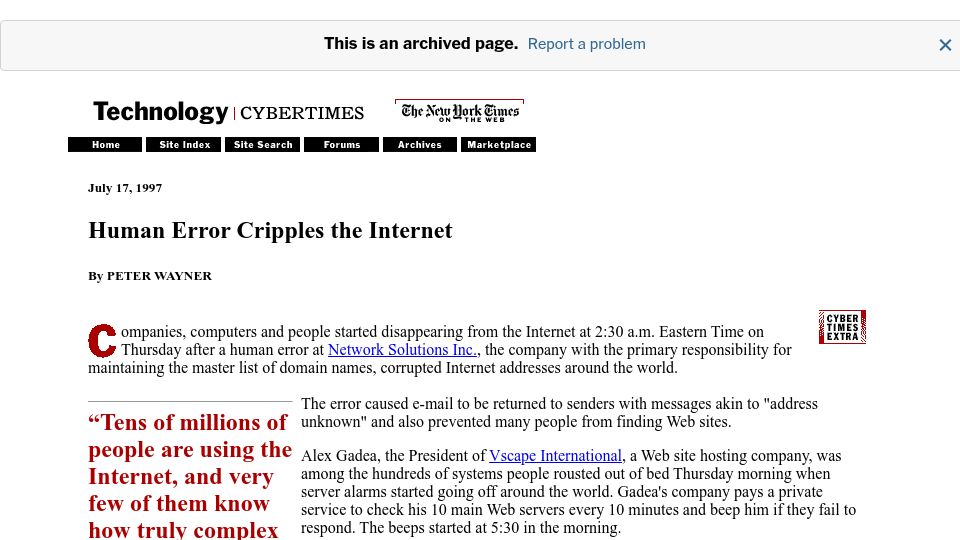 Screenshot of archive.nytimes.com: Human Error Cripples the Internet (1997)