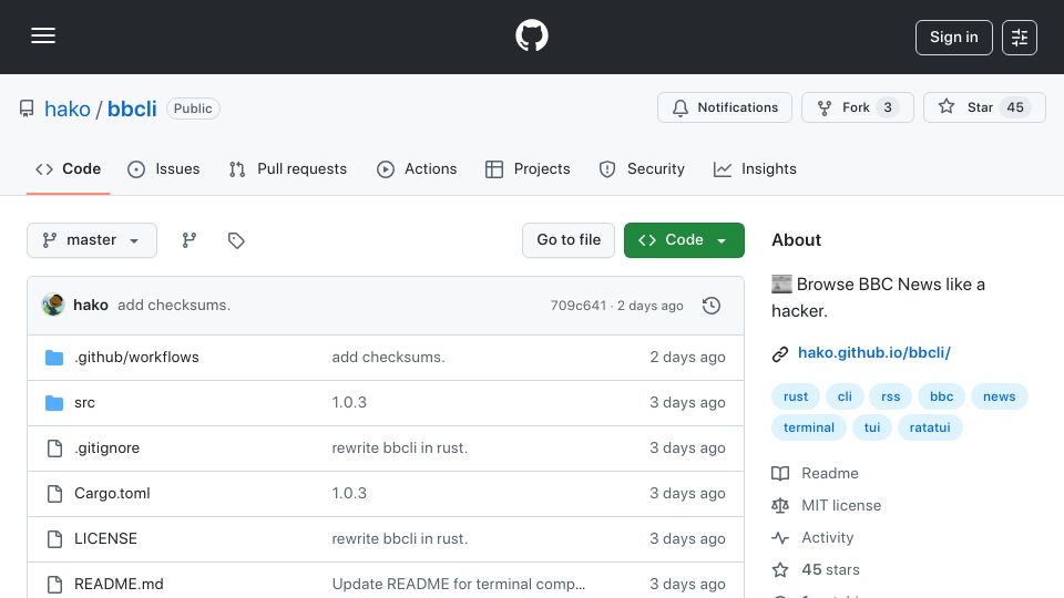Screenshot of github.com: Show HN: bbcli – A TUI and CLI to browse BBC News like a hacker