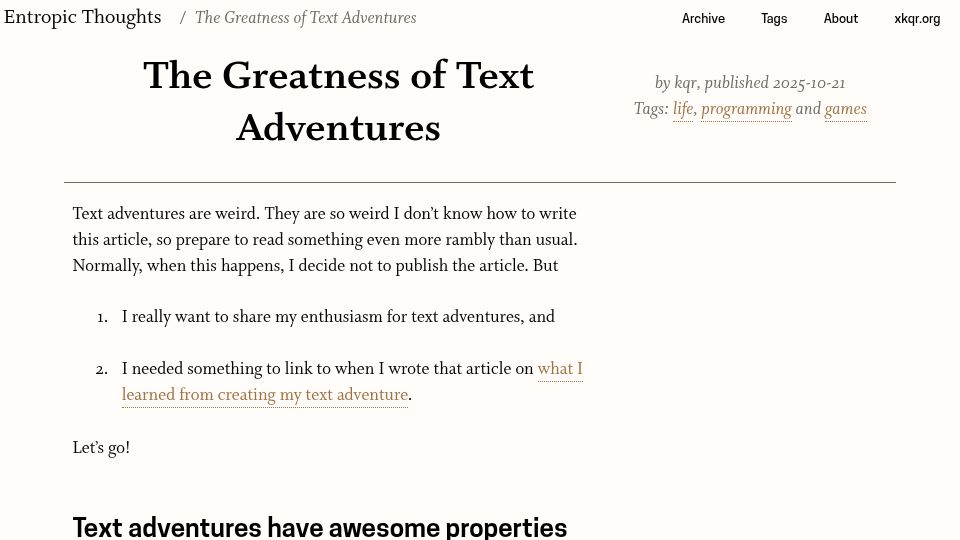 Screenshot of entropicthoughts.com: The Greatness of Text Adventures