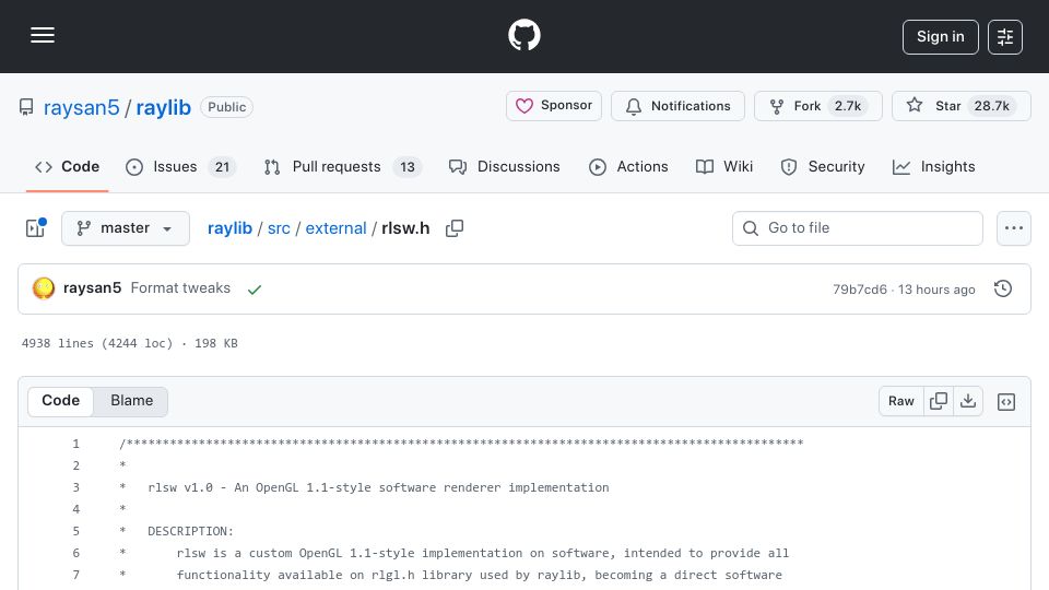 Screenshot of github.com: rlsw – Raylib software OpenGL renderer in less than 5k LOC