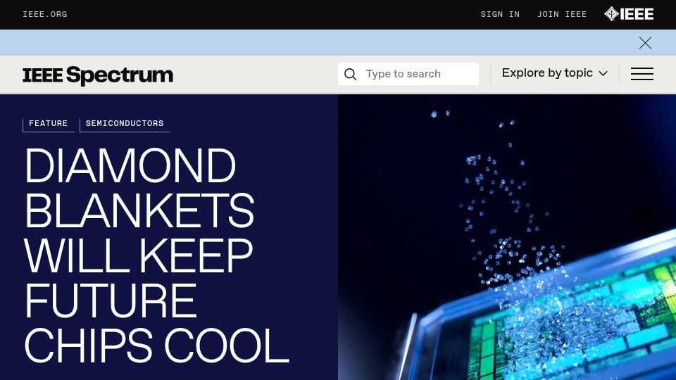 Screenshot of spectrum.ieee.org: Diamond Thermal Conductivity: A New Era in Chip Cooling