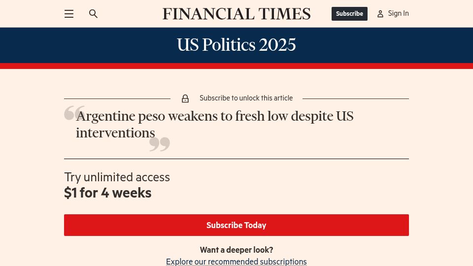 Screenshot of ft.com: Argentine peso weakens to fresh low despite US interventions