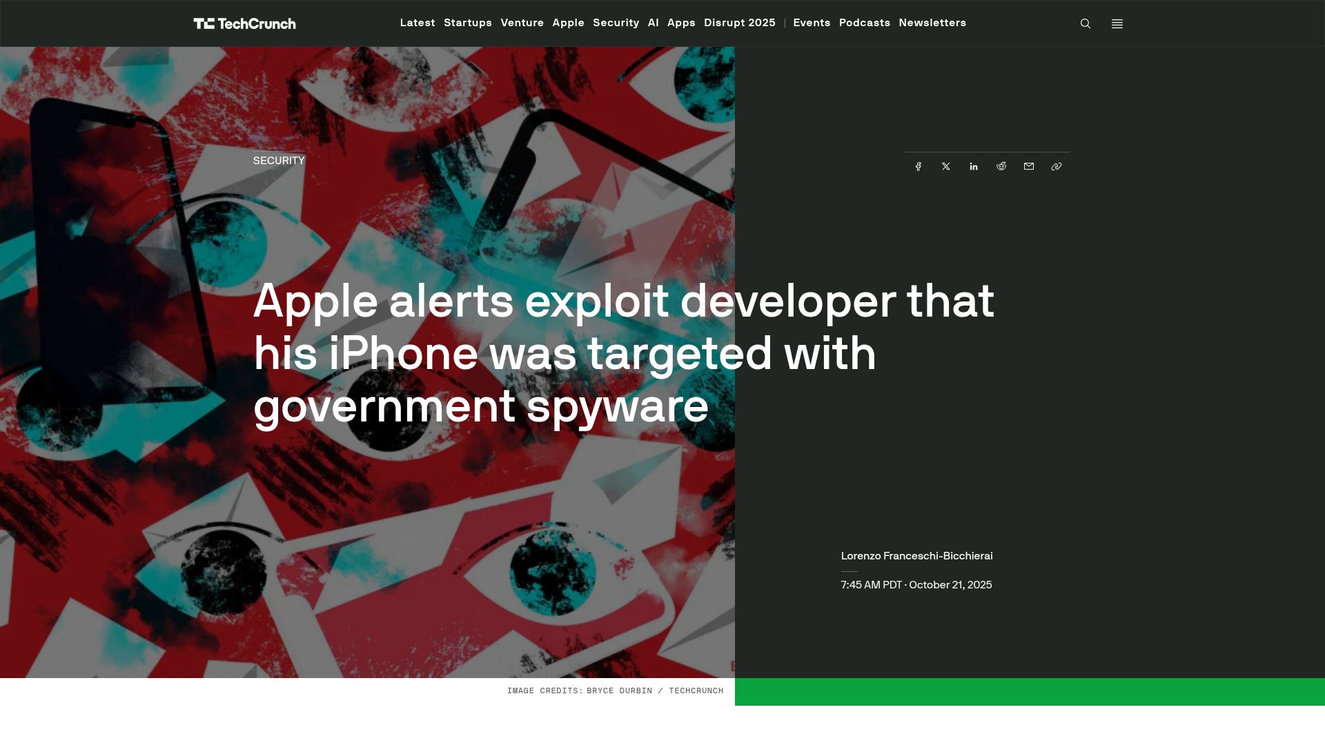 Screenshot of techcrunch.com: Apple alerts exploit developer that his iPhone was targeted with gov spyware