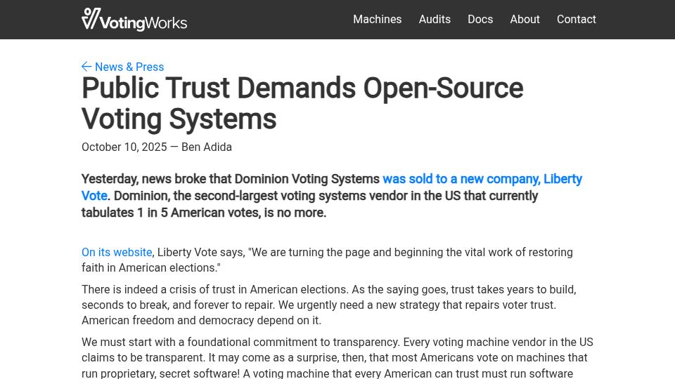 Screenshot of voting.works: Public trust demands open-source voting systems