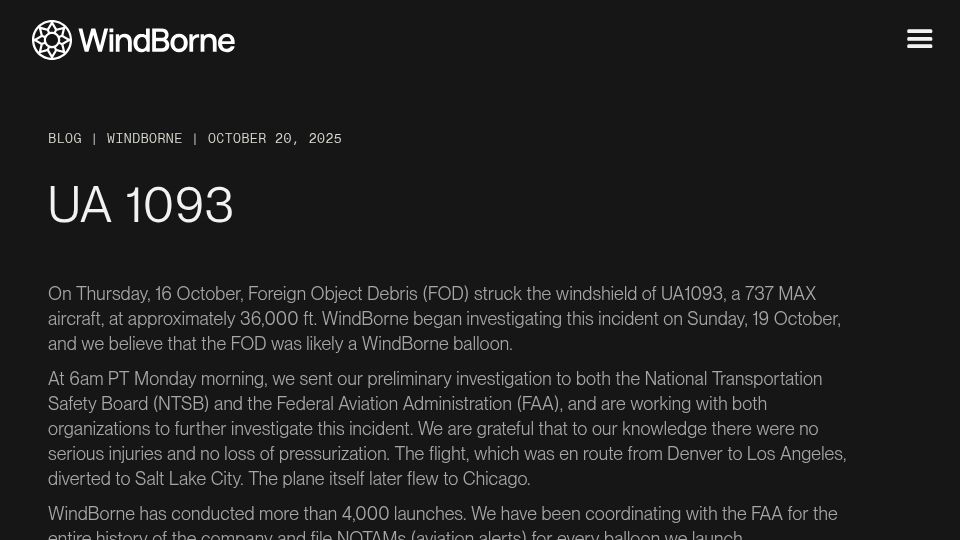 Screenshot of windbornesystems.com: UA 1093