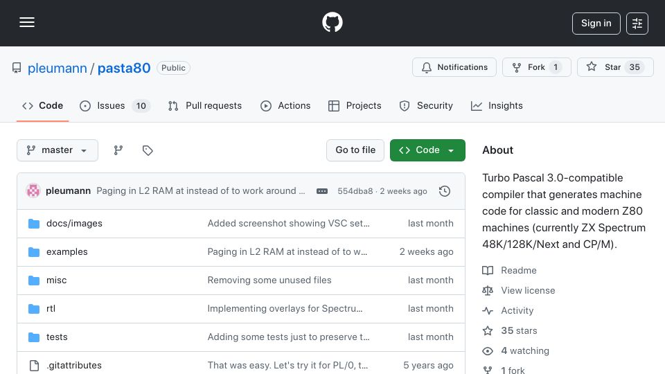 Screenshot of github.com: Pasta/80 is a simple Pascal cross compiler targeting the Z80 microprocessor