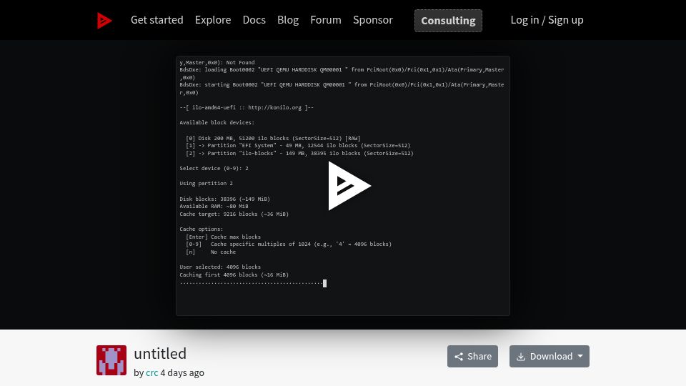 Screenshot of asciinema.org: Ilo – a Forth system running on UEFI