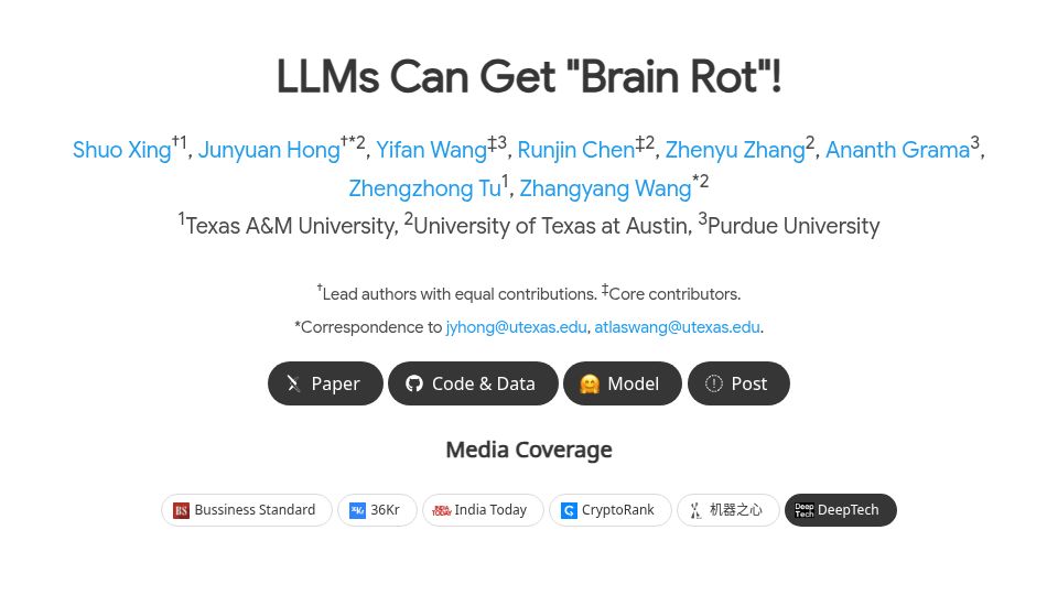 Screenshot of llm-brain-rot.github.io: LLMs can get "brain rot"