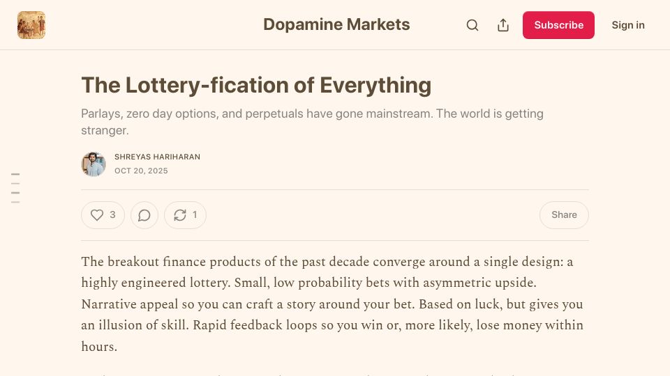 Screenshot of dopaminemarkets.com: The Lottery-fication of Everything