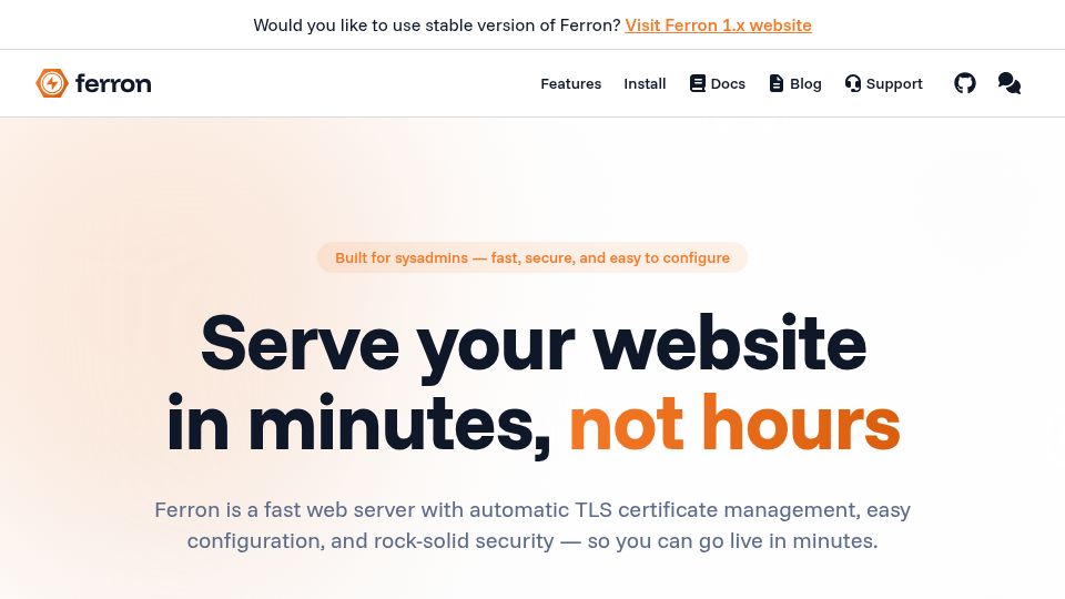 Screenshot of ferron.sh: Show HN: I'm rewriting a web server written in Rust for speed and ease of use