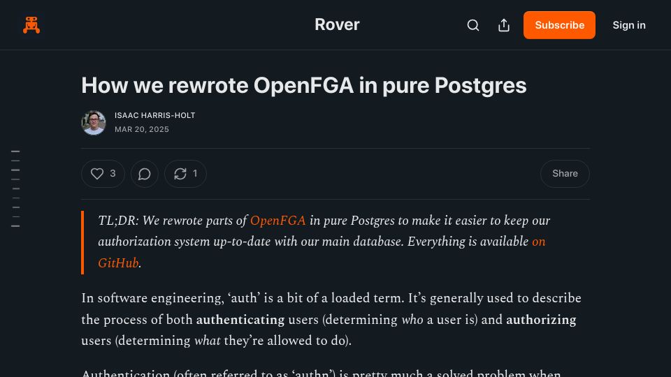 Screenshot of getrover.substack.com: We rewrote OpenFGA in pure Postgres