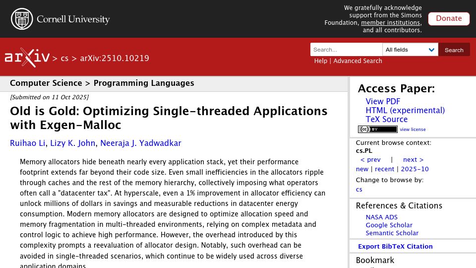 Screenshot of arxiv.org: Old Is Gold: Optimizing Single-Threaded Applications with Exgen-Malloc