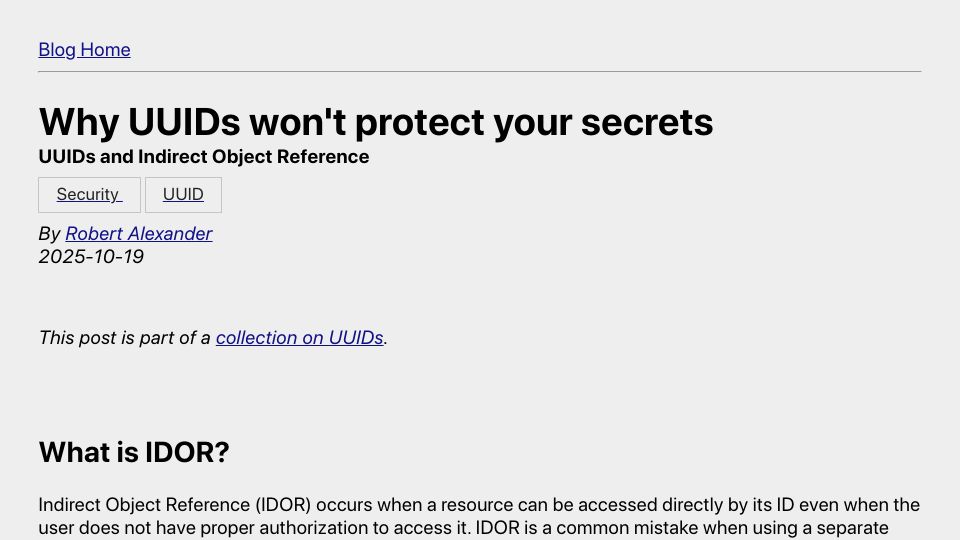 Screenshot of alexsci.com: Why UUIDs won't protect your secrets