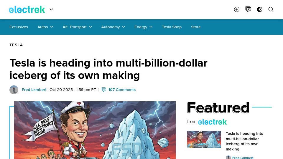 Screenshot of electrek.co: Tesla is heading into multi-billion-dollar iceberg of its own making