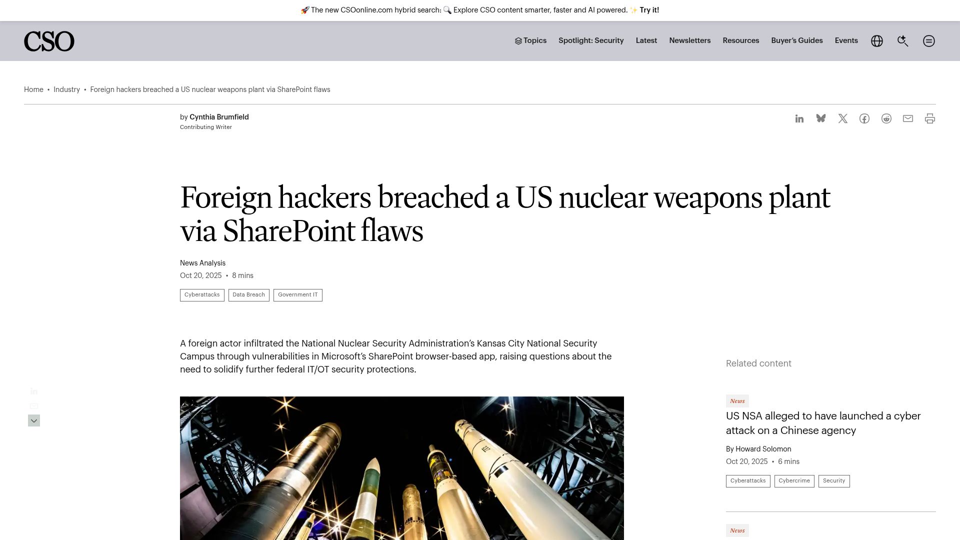 Screenshot of csoonline.com: Foreign hackers breached a US nuclear weapons plant via SharePoint flaws