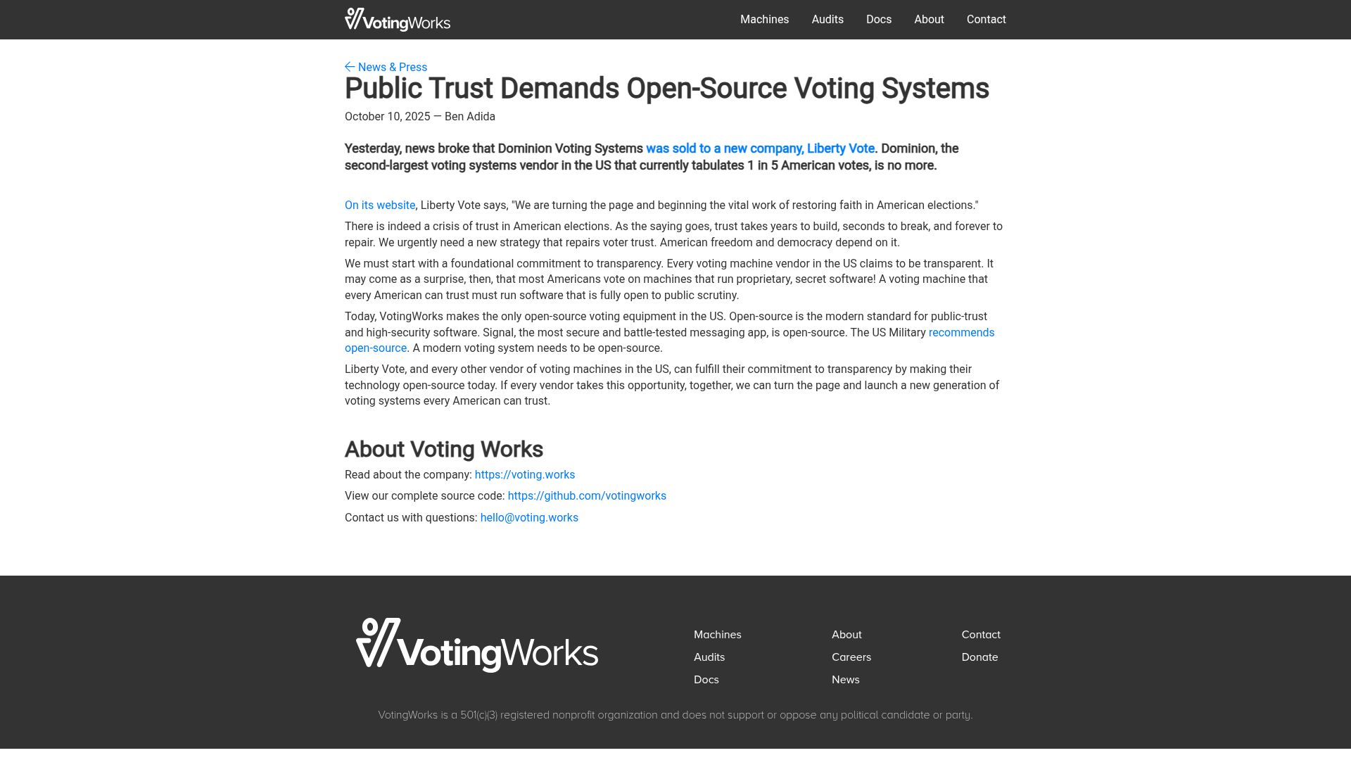 Screenshot of voting.works: Public trust demands open-source voting systems