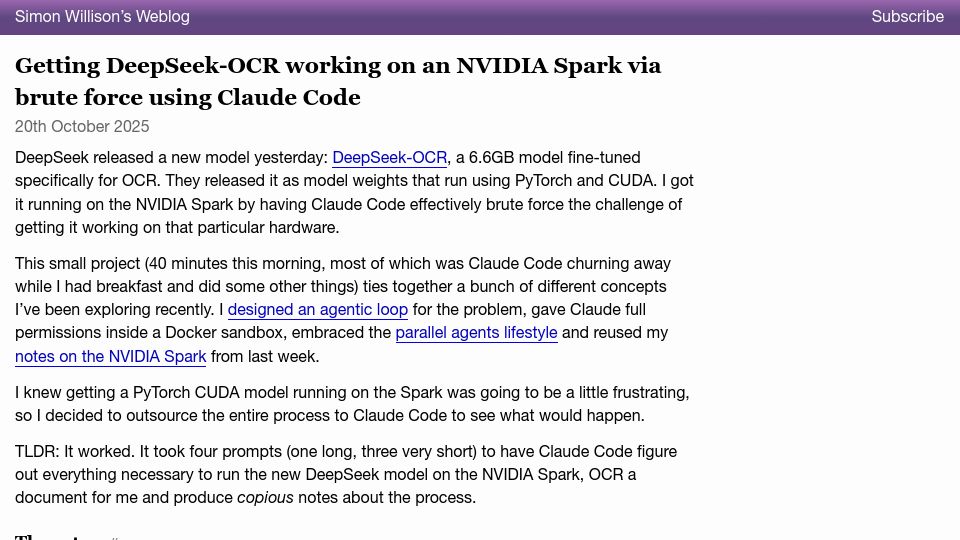 Screenshot of simonwillison.net: Getting DeepSeek-OCR working on an Nvidia Spark via brute force with Claude Code