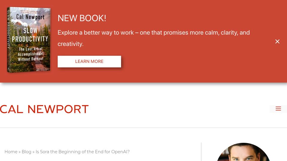 Screenshot of calnewport.com: Is Sora the beginning of the end for OpenAI?