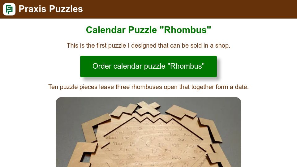 Screenshot of praxispuzzles.com: Calendar Puzzle "Rhombus"