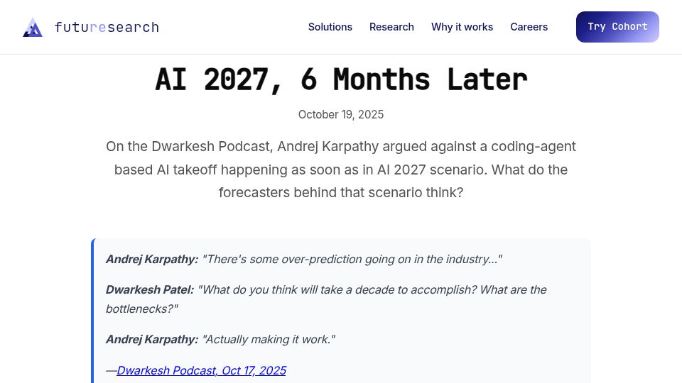 Screenshot of futuresearch.ai: The Karpathy Interview, 6 Months After AI 2027