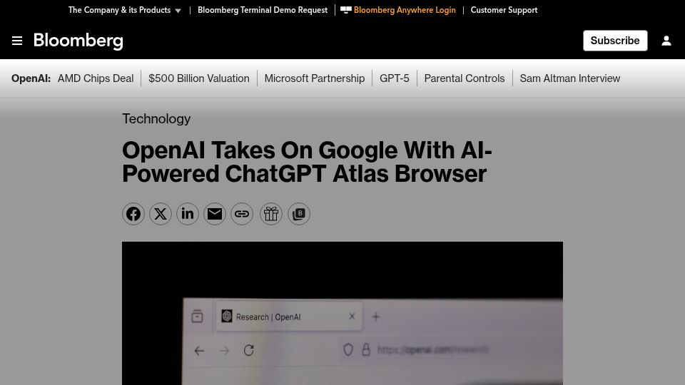 Screenshot of bloomberg.com: OpenAI Set to Challenge Google with New ChatGPT Atlas Browser