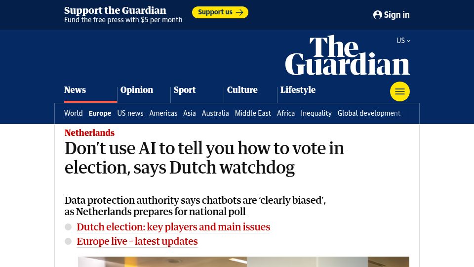 Screenshot of theguardian.com: Don't use AI to tell you how to vote in election, says Dutch watchdog