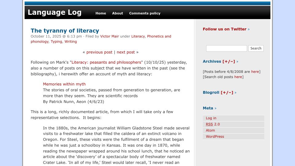 Screenshot of languagelog.ldc.upenn.edu: The Tyrrany of Literacy. On oral tradition and what is lost
