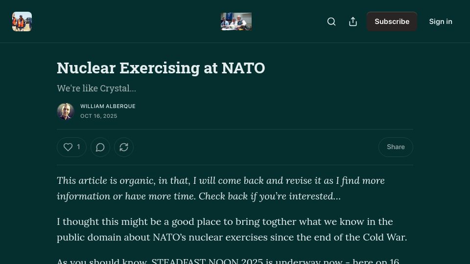 Screenshot of walberque.substack.com: Nuclear Exercising at NATO
