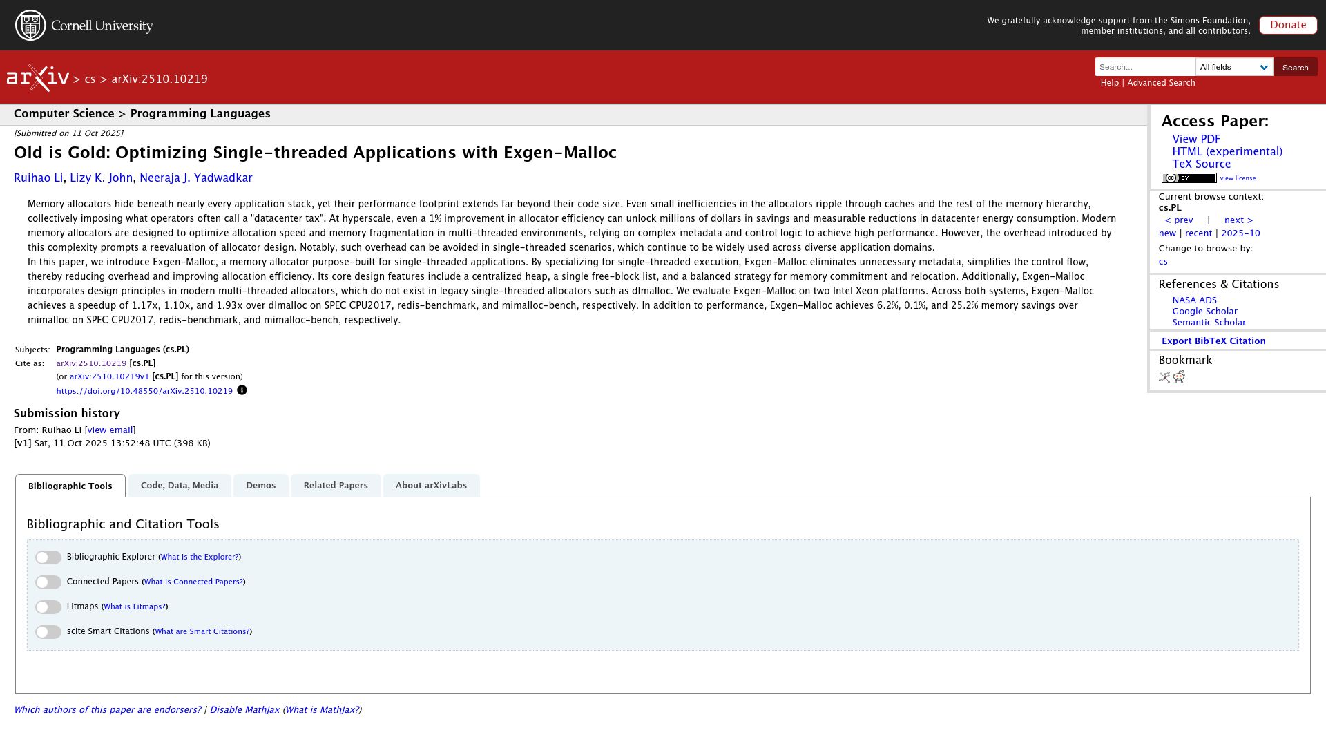 Screenshot of arxiv.org: Old Is Gold: Optimizing Single-Threaded Applications with Exgen-Malloc