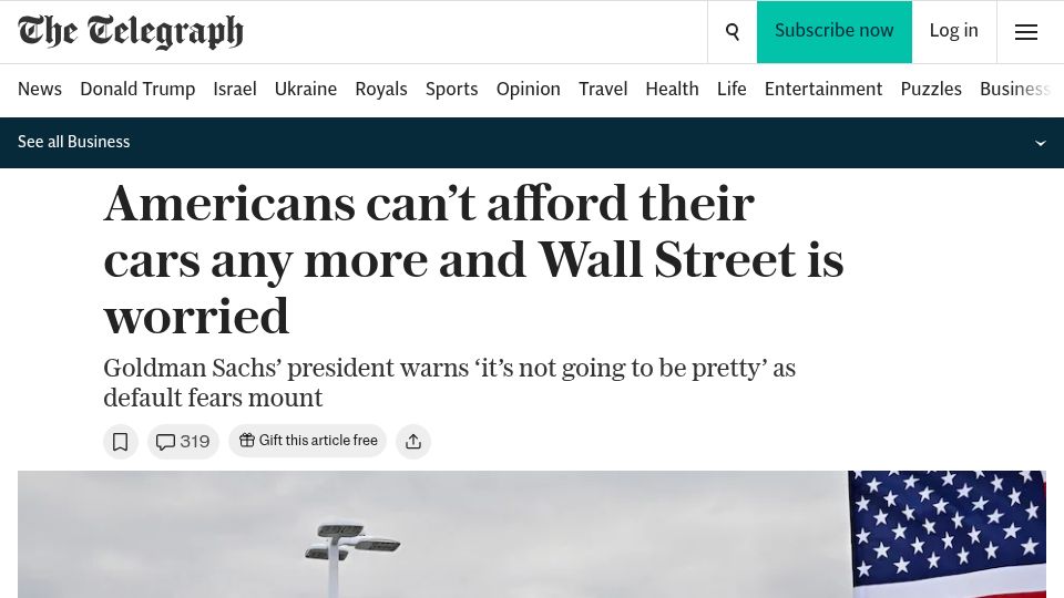 Screenshot of telegraph.co.uk: Americans can't afford their cars any more and Wall Street is worried