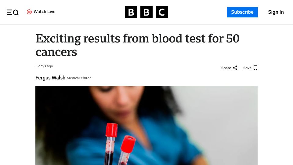 Screenshot of bbc.com: Results from blood test for 50 cancers