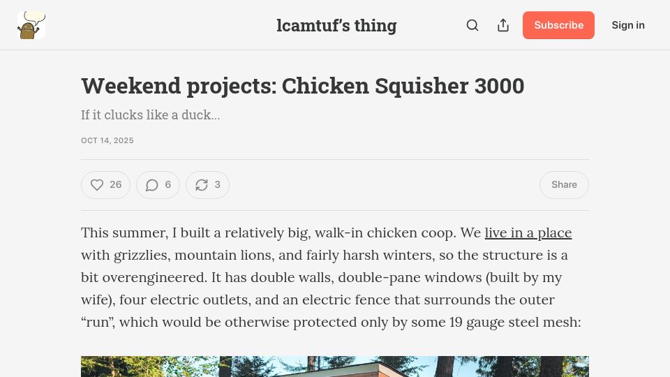 Screenshot of lcamtuf.substack.com: Weekend projects: Chicken Squisher 3000