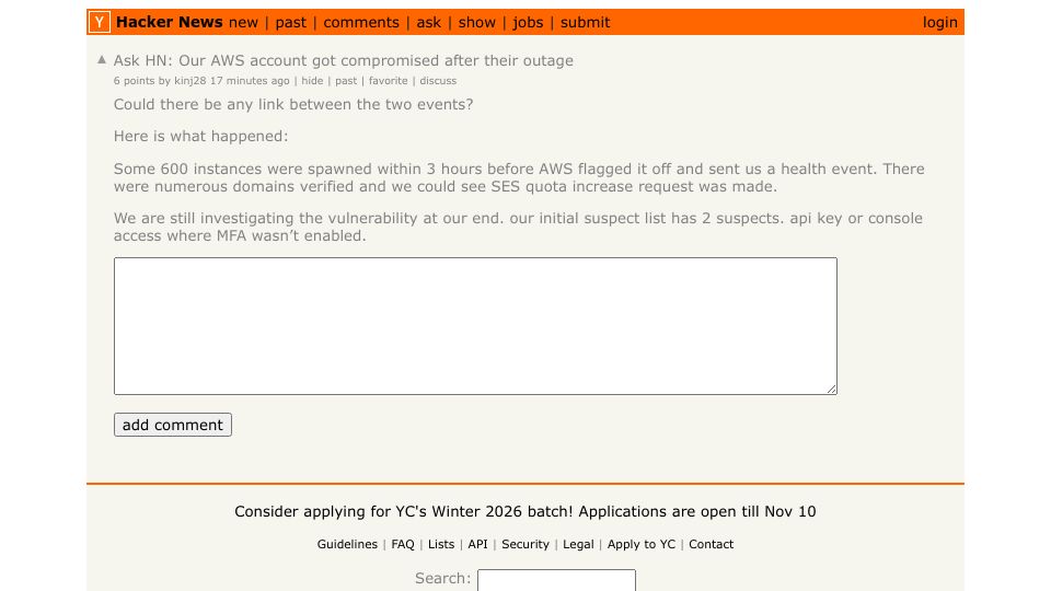 Screenshot of Hacker News post: Ask HN: Our AWS account got compromised after their outage