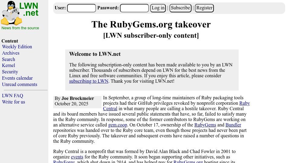 Screenshot of lwn.net: The Rubygems.org takeover