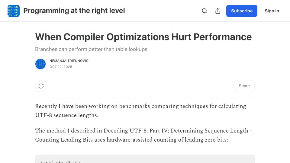 Screenshot of nemanjatrifunovic.substack.com: When Compiler Optimizations Hurt Performance