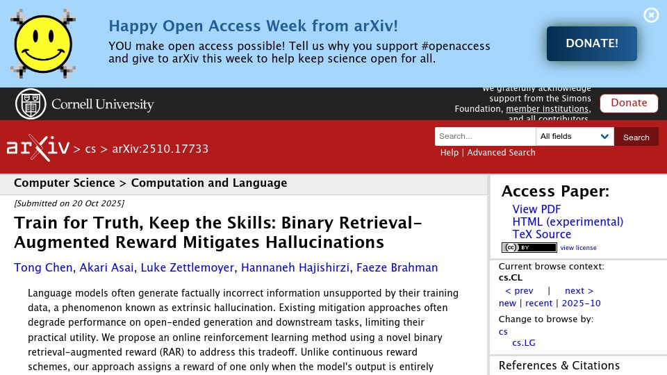 Screenshot of arxiv.org: Binary Retrieval-Augmented Reward Mitigates Hallucinations