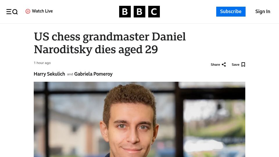 Screenshot of bbc.com: US chess grandmaster Daniel Naroditsky dies aged 29