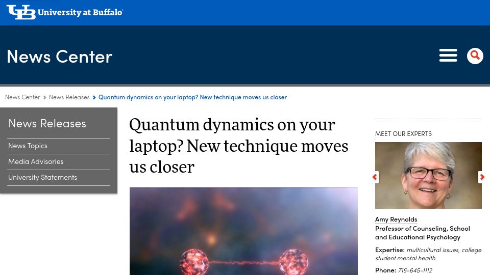 Screenshot of buffalo.edu: Quantum dynamics on your laptop? New technique moves us closer