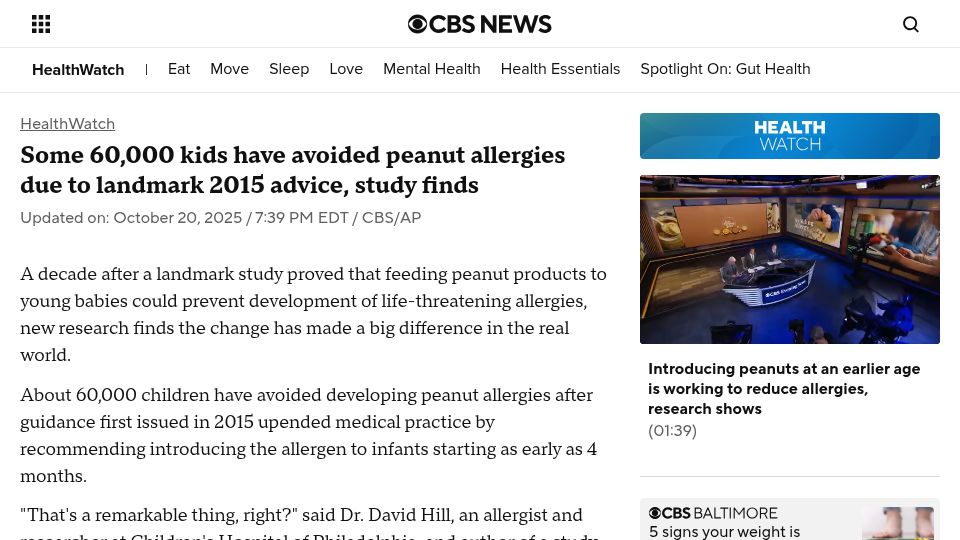 Screenshot of cbsnews.com: 60k kids have avoided peanut allergies due to 2015 advice, study finds